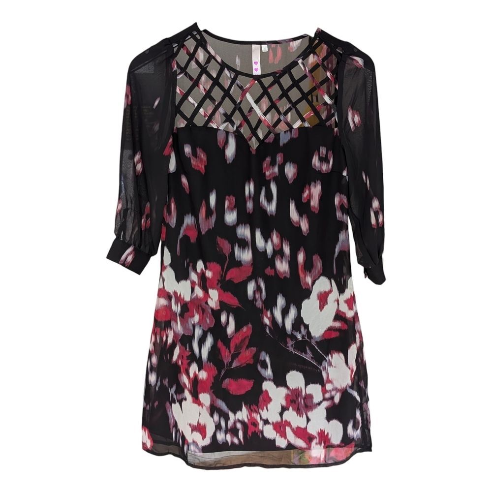 Black and Red Long Sleeve Floral Dress With Sheer Overlay XS